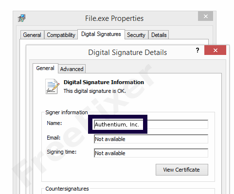 Screenshot of the Authentium, Inc. certificate